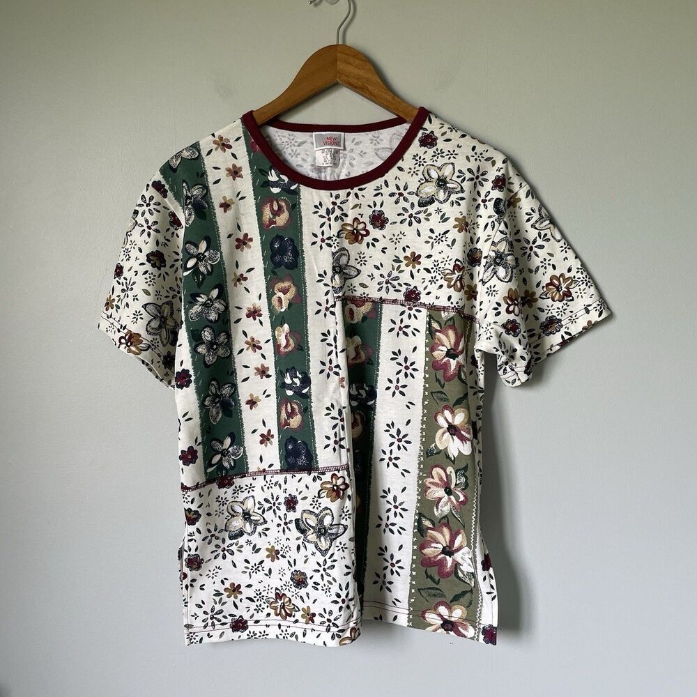 New Visions Vintage T-Shirt Top Blouse Floral Print Green Red Women's Large